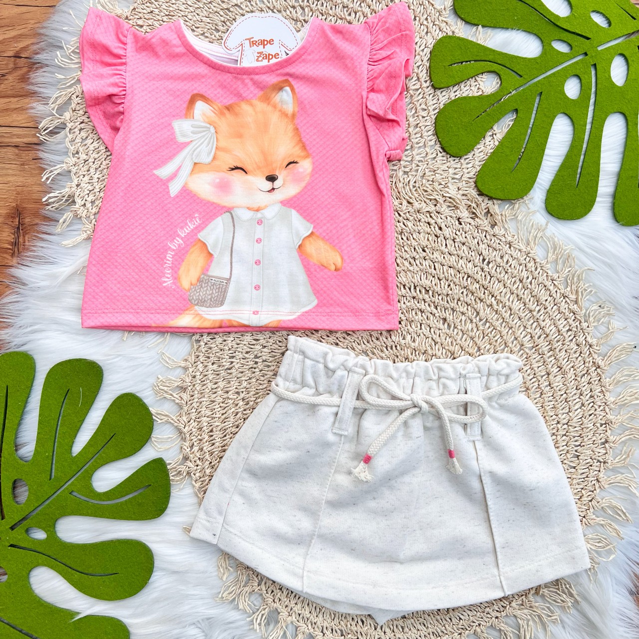  Conj. Blusa Raposinha e Short Saia em Linho - Rosa e Areia